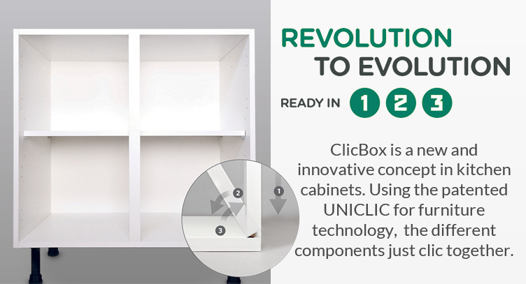 ClicBox is a new and innovative concept in flat pack kitchen cabinets. Using the patented UNICLIC for furniture technology, the different components just clic together.