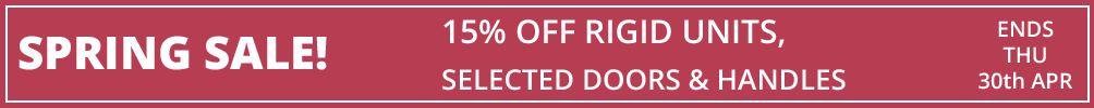 sale 15% off rigid units, up to 15% off selected doors and handles