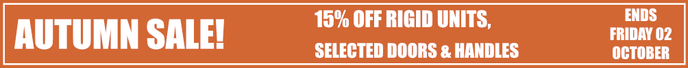 sale 15% off rigid units, up to 15% off selected doors and handles